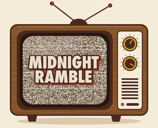 A wood-grain 1980s TV flipping through static-filled channels with Midnight Ramble on the screen